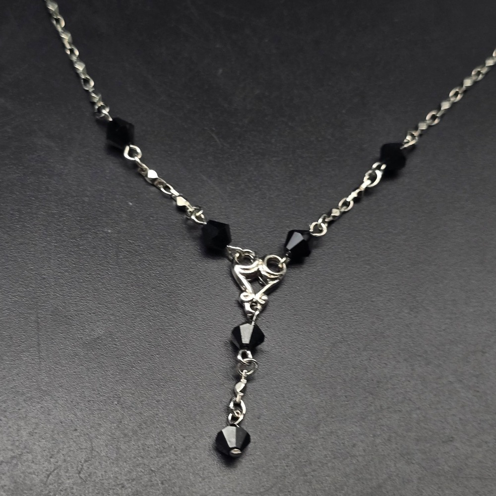 Avon Black Beaded Y Drop Necklace Silver Tone Costume Jewelry